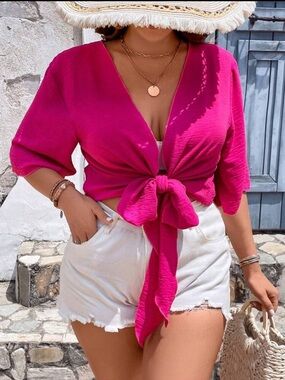 Pink Tie-Front Crop Kimono